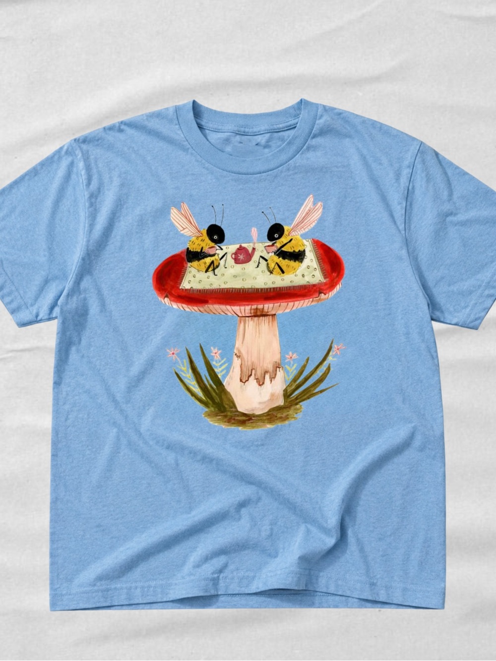 Gildan Light Blue Mushroom & Bees Graphic Tee